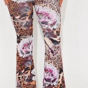 Fashion Nova Floral Leopard Wide Leg Pants in Brown and Pink
